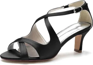 Women Peep Toe Heel Wedding Cross Strap Bridal Shoes Satin Sandals Ankle Strap Party Prom Pumps Mid Heel