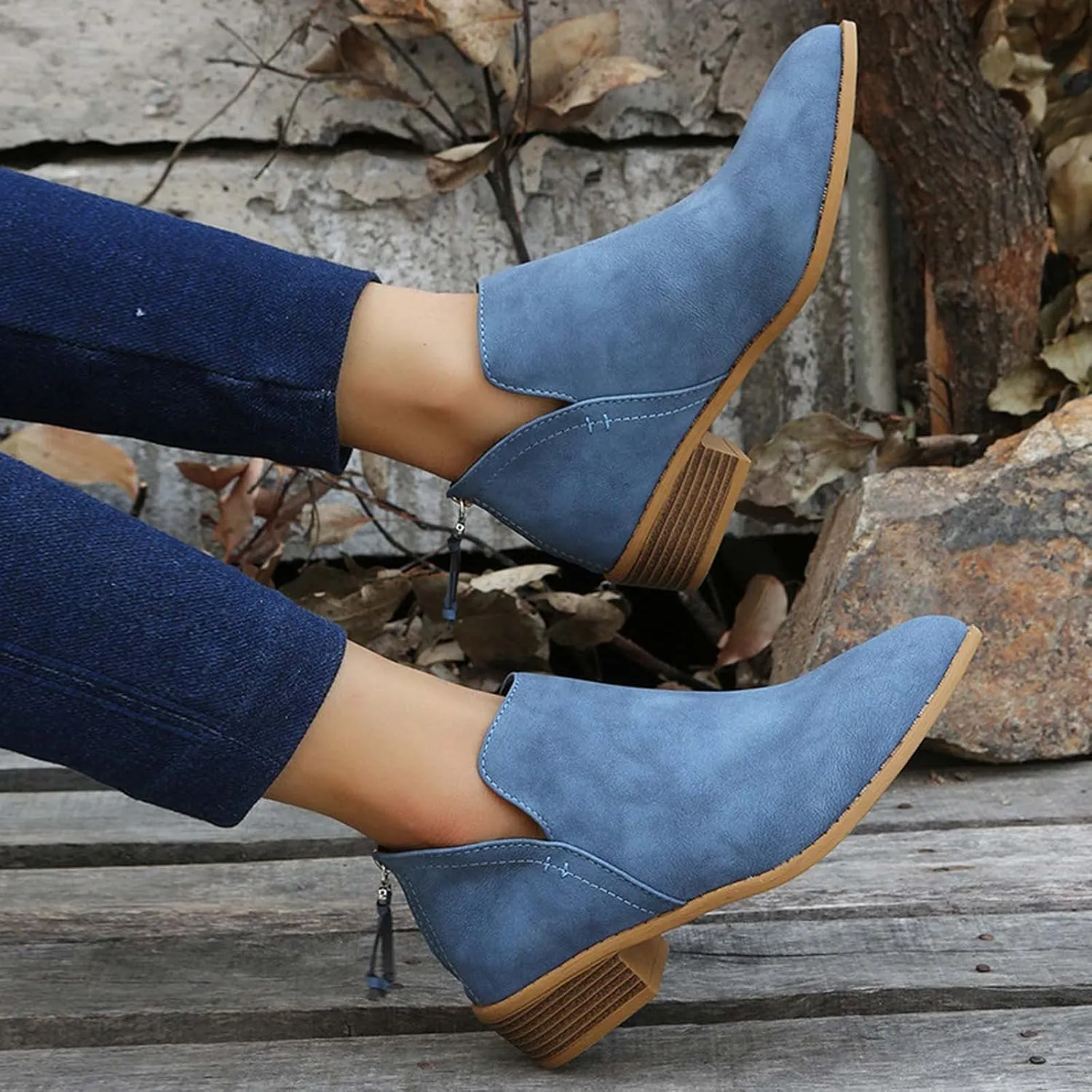 Women Pointed Toe Ankle Boots 2022 Fall Fashion Casual Back Zipper V Cutout Block Chunky Mid Heel Booties Solid Comfy Slip on Ladies Shoes