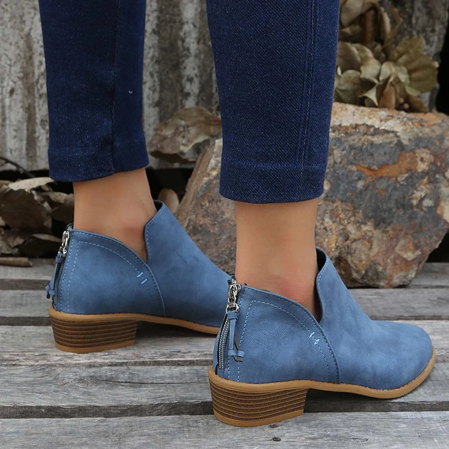 Women Pointed Toe Ankle Boots 2022 Fall Fashion Casual Back Zipper V Cutout Block Chunky Mid Heel Booties Solid Comfy Slip on Ladies Shoes