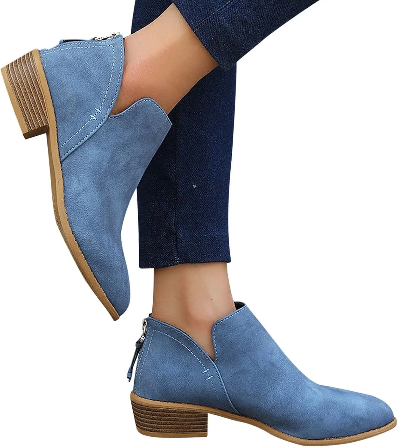 Women Pointed Toe Ankle Boots 2022 Fall Fashion Casual Back Zipper V Cutout Block Chunky Mid Heel Booties Solid Comfy Slip on Ladies Shoes