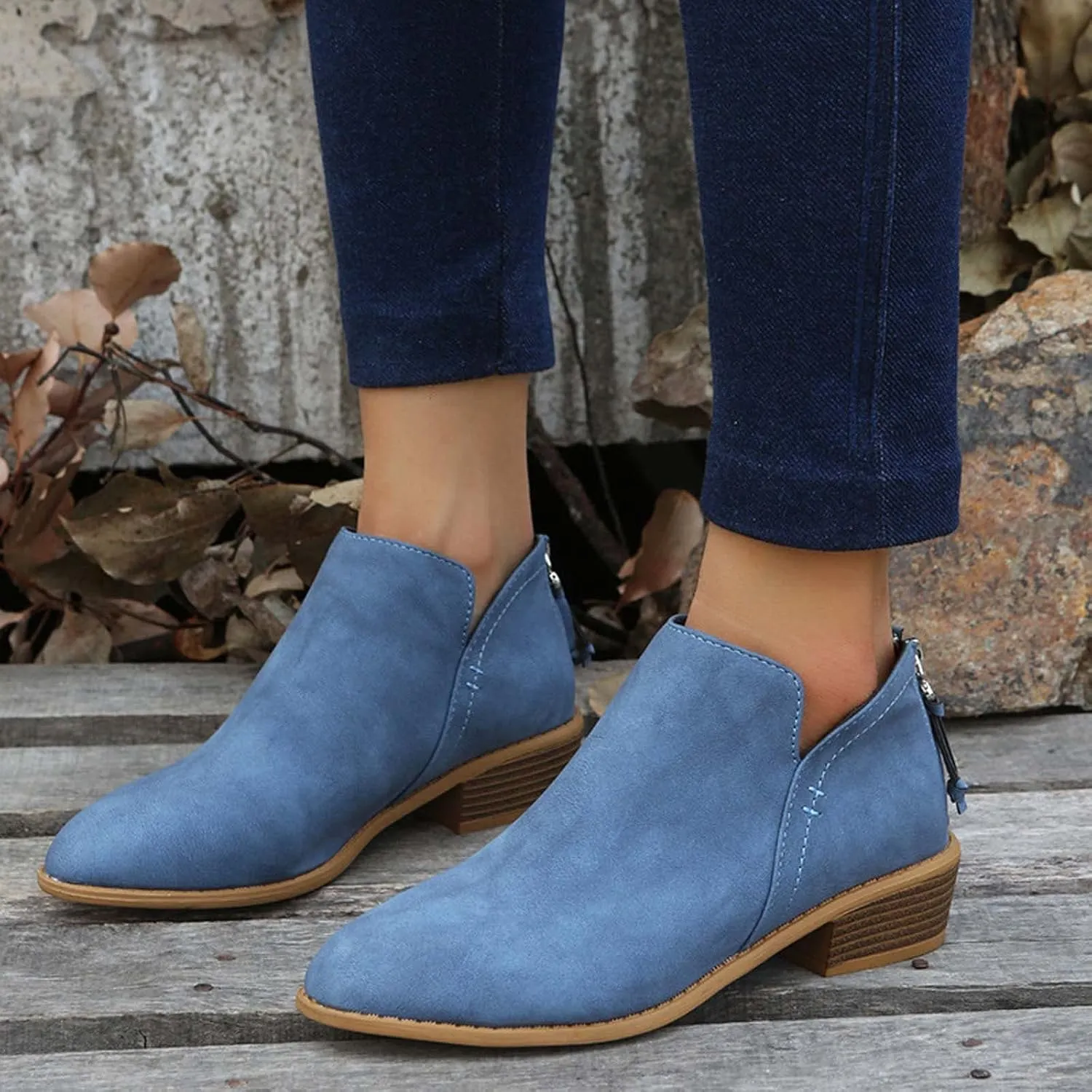 Women Pointed Toe Ankle Boots 2022 Fall Fashion Casual Back Zipper V Cutout Block Chunky Mid Heel Booties Solid Comfy Slip on Ladies Shoes
