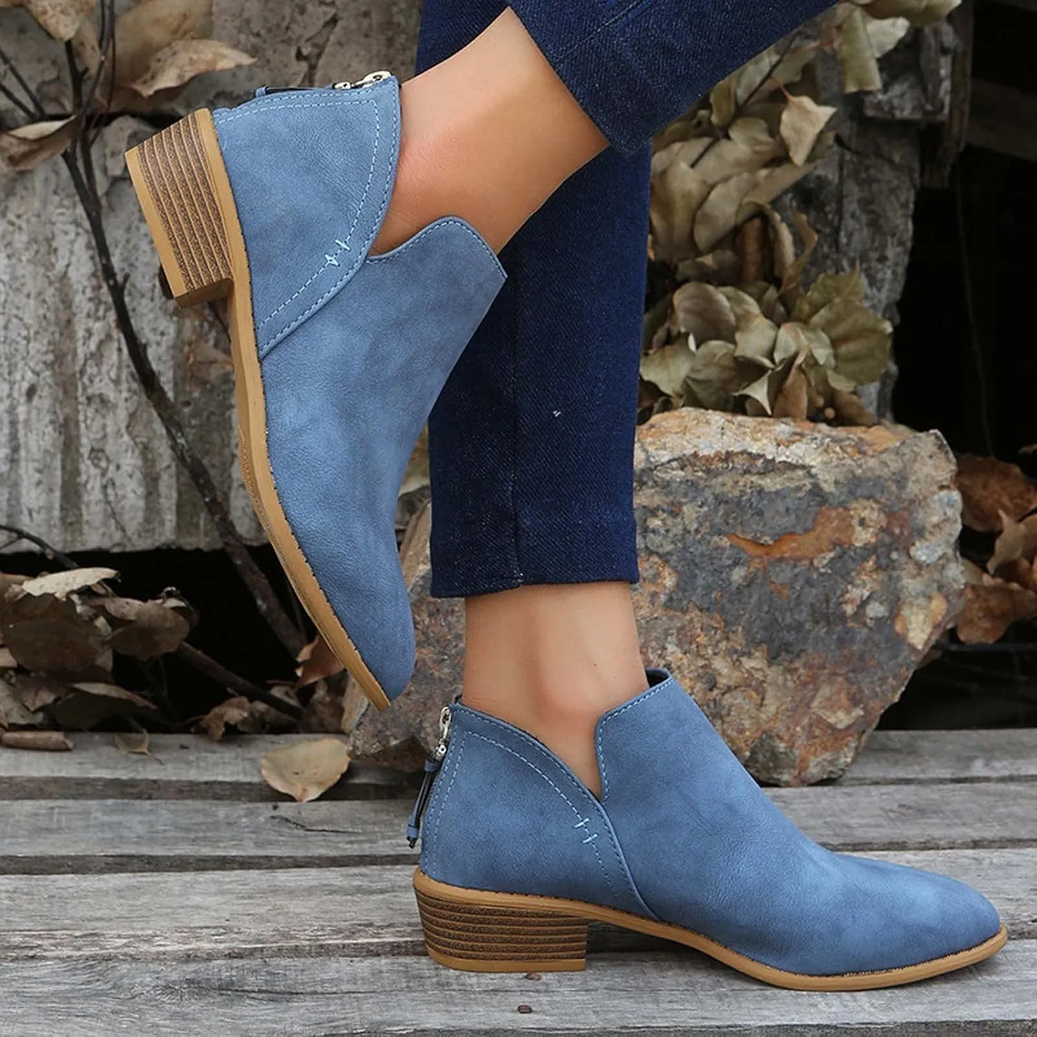 Women Pointed Toe Ankle Boots 2022 Fall Fashion Casual Back Zipper V Cutout Block Chunky Mid Heel Booties Solid Comfy Slip on Ladies Shoes