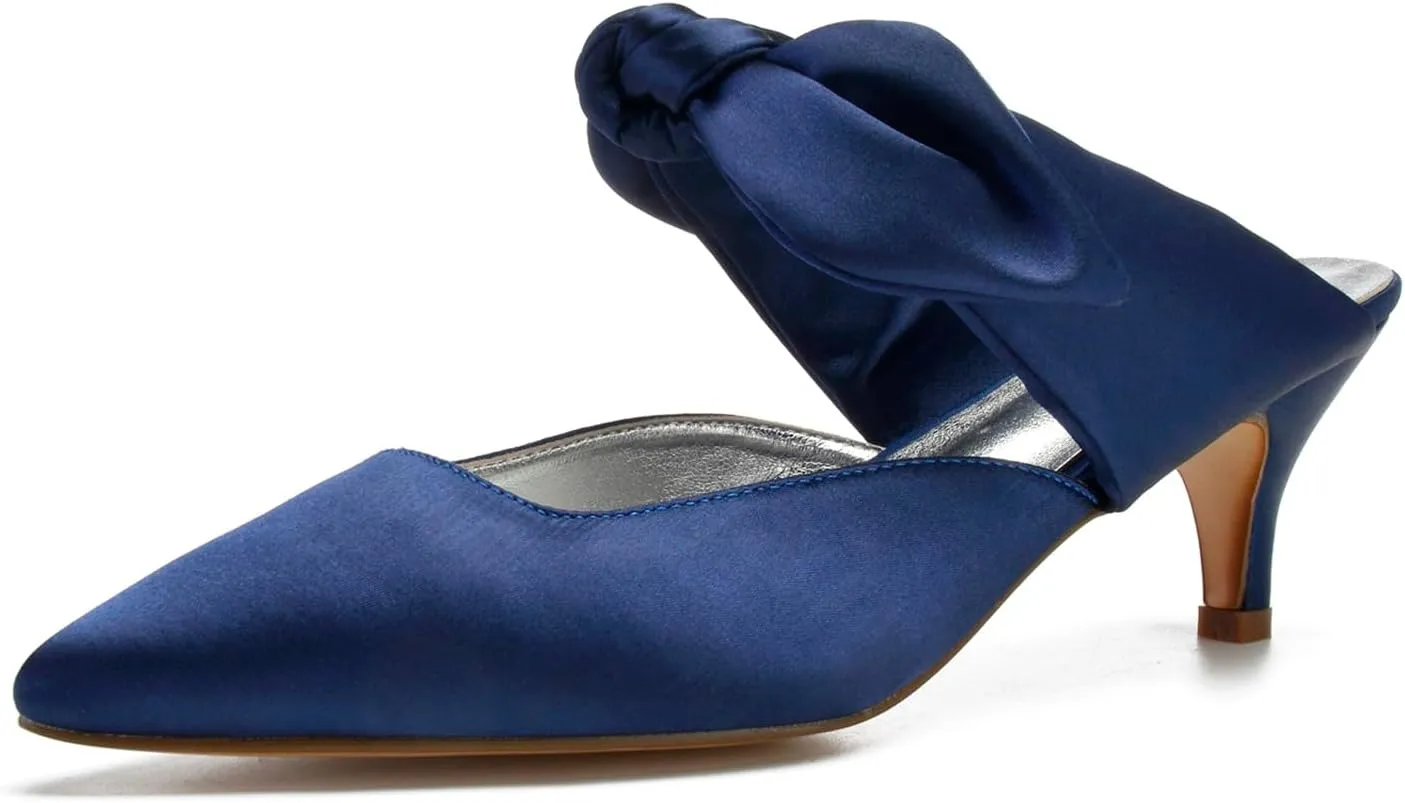 Women Pointed Toe Ribbon Tie Strap Sandals Mid Heel Satin Strappy Slip-on Party Wedding Slingback Evening Bridal Shoes