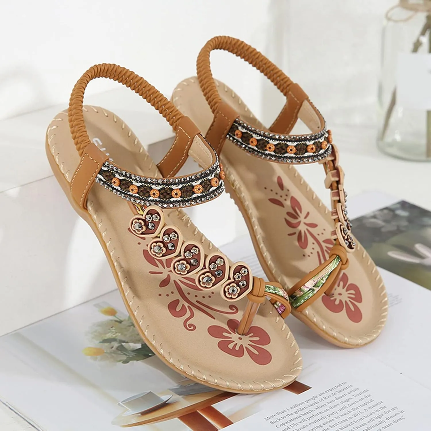Women Sandal Elastic Ankle Strap Flats Ring Toe Comfortable Flip Flops Open Toe Casual Sandals For Party