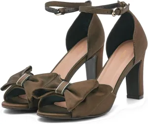 Women Satin Heeled Sandals with Bows Open Round Toe 3 Inch Chunky Block High Heels Dress Sandals Buckled Ankle Strap Peep Toe Vintage Dressy Bridal Wedding Party Office Summer Shoe 4-11 M US
