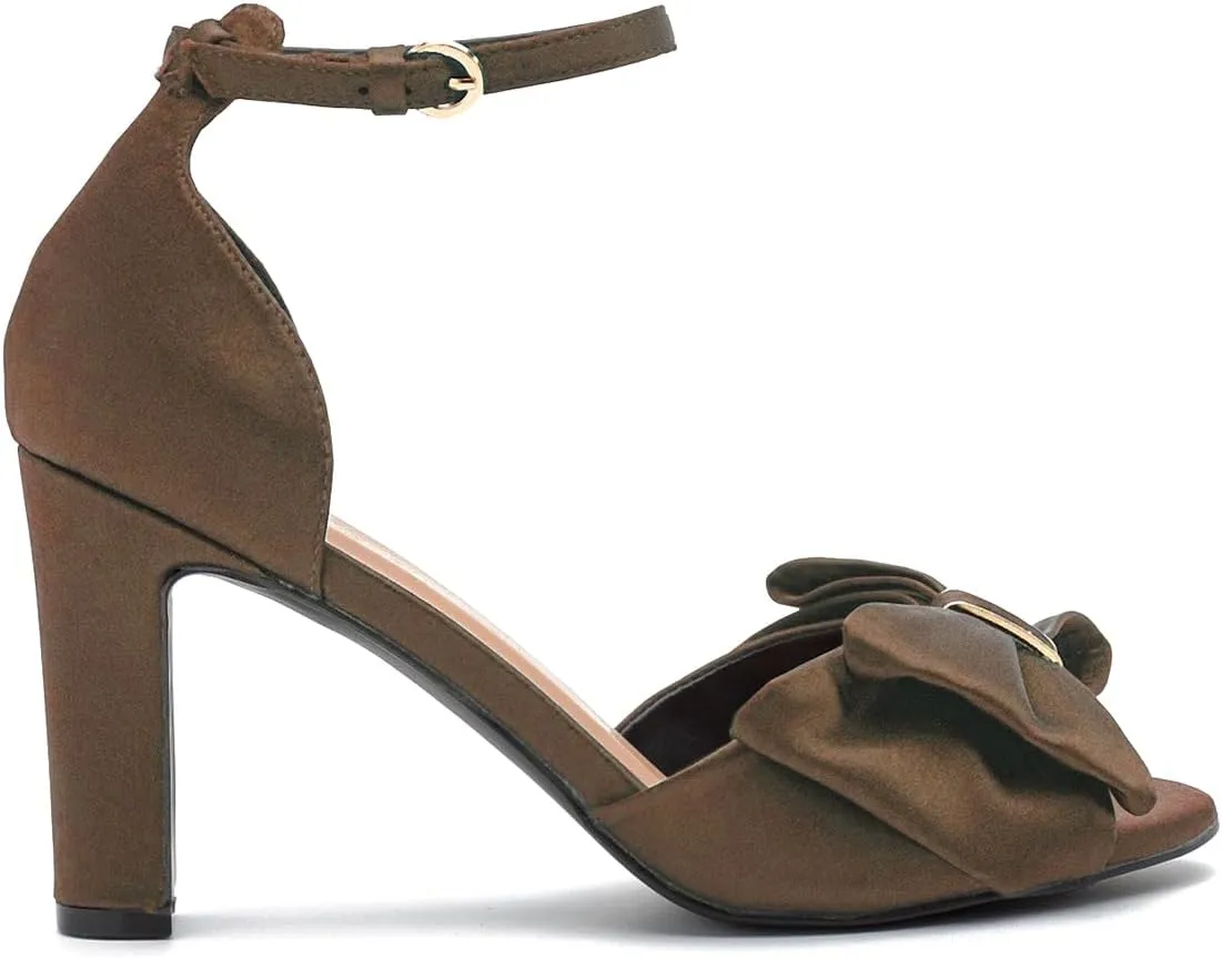 Women Satin Heeled Sandals with Bows Open Round Toe 3 Inch Chunky Block High Heels Dress Sandals Buckled Ankle Strap Peep Toe Vintage Dressy Bridal Wedding Party Office Summer Shoe 4-11 M US