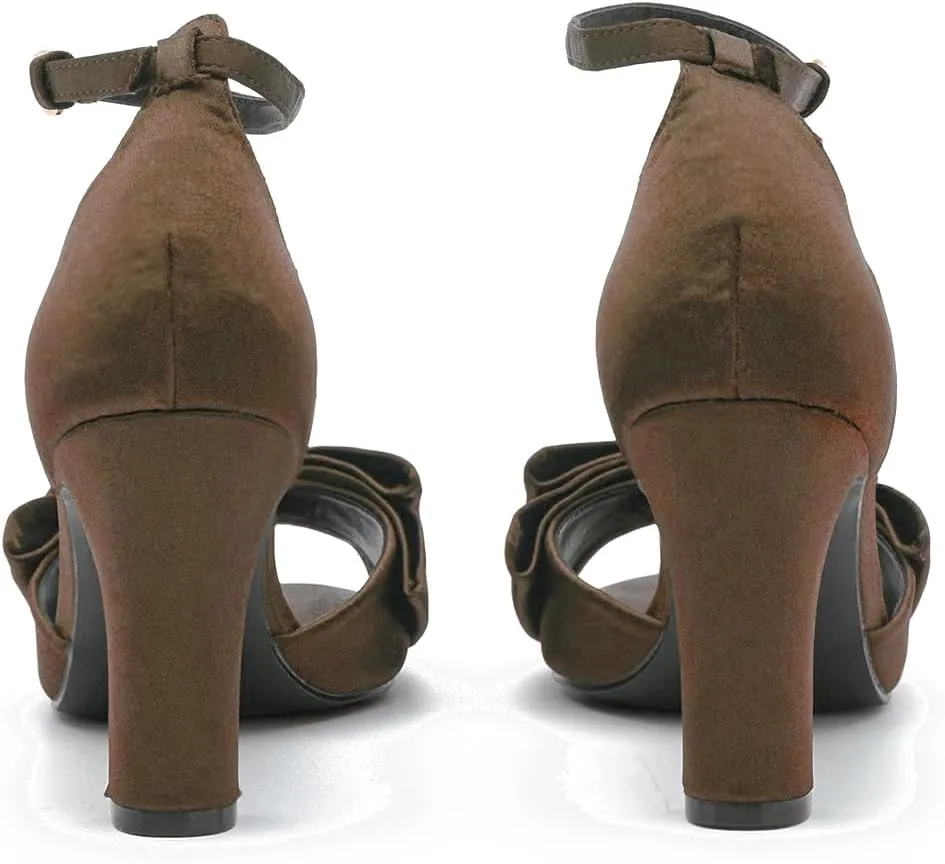 Women Satin Heeled Sandals with Bows Open Round Toe 3 Inch Chunky Block High Heels Dress Sandals Buckled Ankle Strap Peep Toe Vintage Dressy Bridal Wedding Party Office Summer Shoe 4-11 M US