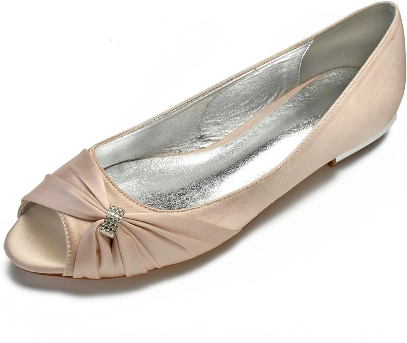 Women Satin Rhinestone Peep Toe Wedding Shoes Bride Bridesmaid Slip-on Prom Evening Party Dress Flat Shoes