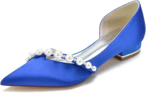 Women Slip on Satin Flat Wedding Shoes Pointed Toe Pearl Prom Evening Bridal Party Dress Flats
