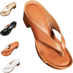 Women Solid Color Summer Chunky Heel Sandals,Slip on Open Toe Square Toe Heeled Sandals,Women's Comfortable Arch Support Wedges Flip Flops
