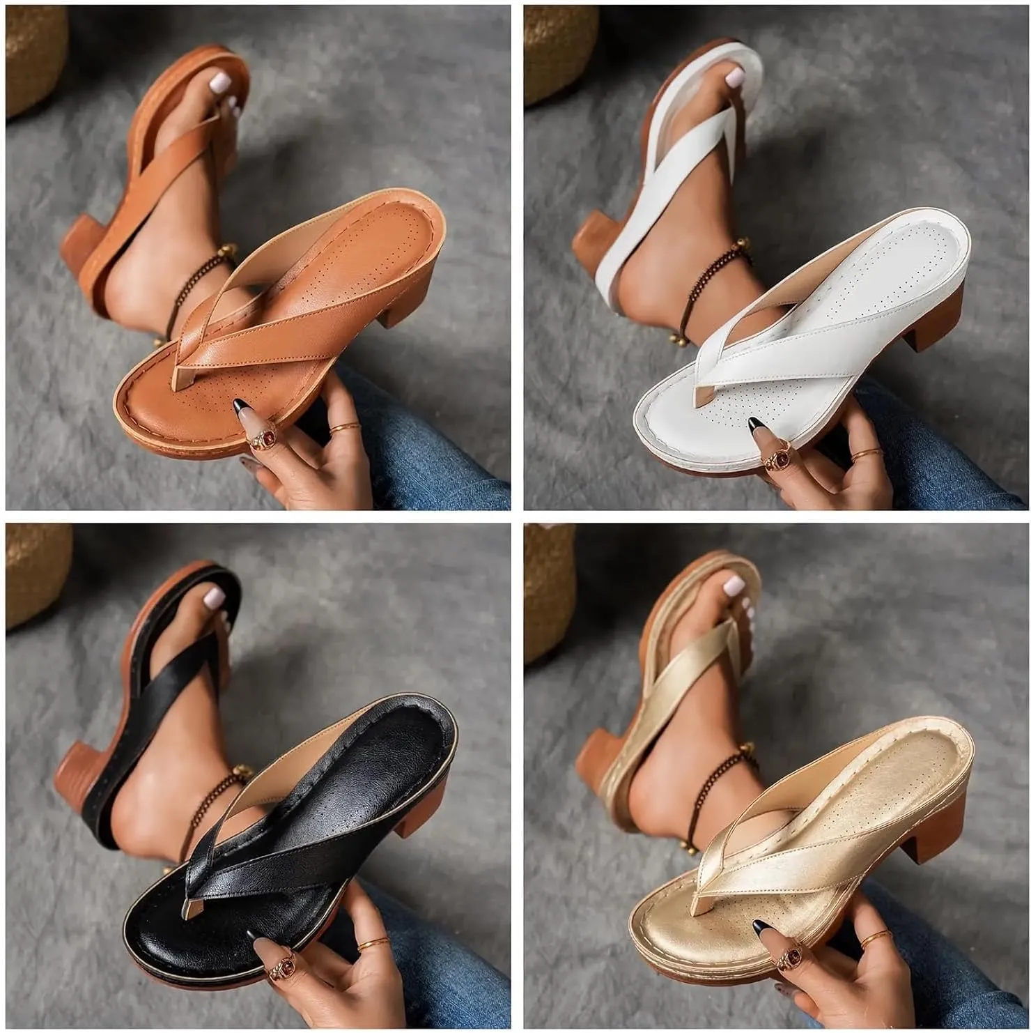 Women Solid Color Summer Chunky Heel Sandals,Slip on Open Toe Square Toe Heeled Sandals,Women's Comfortable Arch Support Wedges Flip Flops
