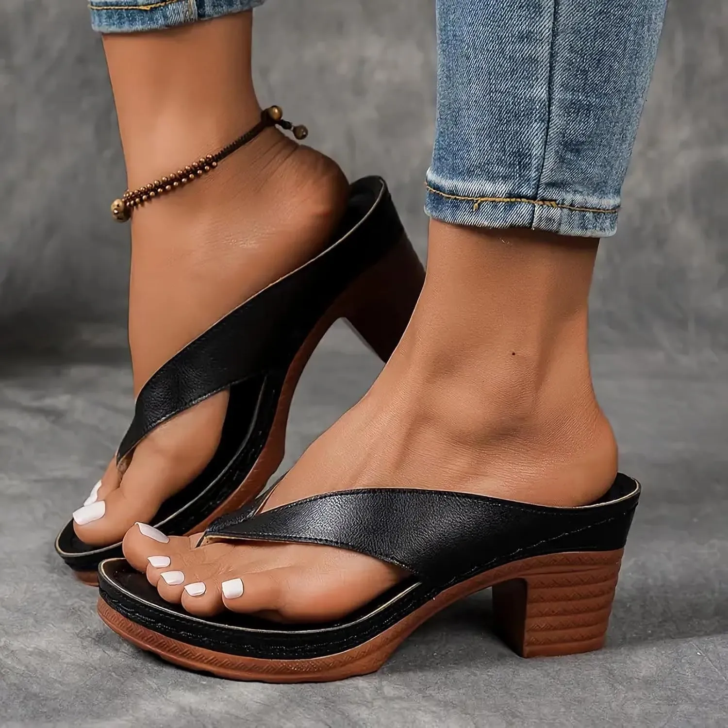 Women Solid Color Summer Chunky Heel Sandals,Slip on Open Toe Square Toe Heeled Sandals,Women's Comfortable Arch Support Wedges Flip Flops
