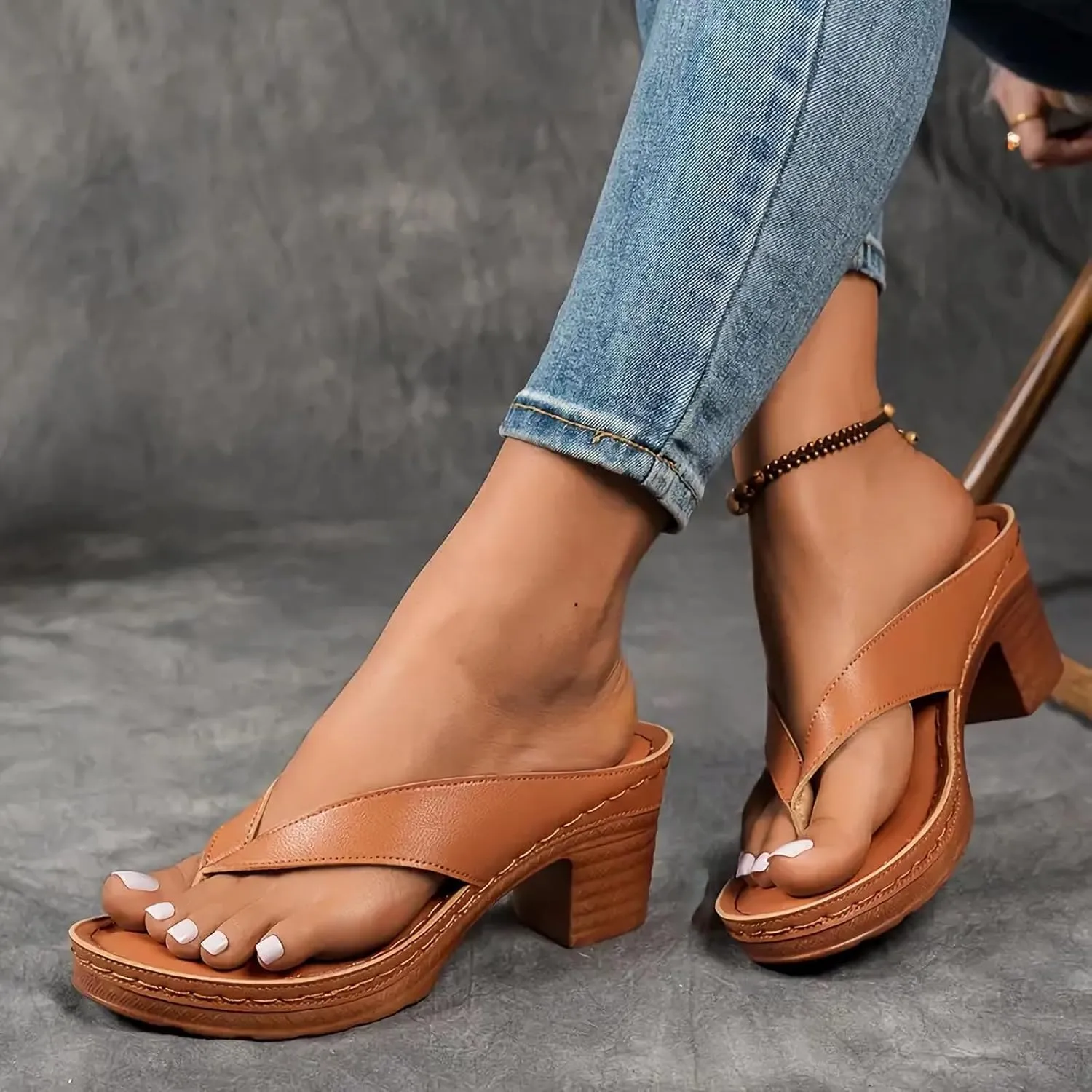 Women Solid Color Summer Chunky Heel Sandals,Slip on Open Toe Square Toe Heeled Sandals,Women's Comfortable Arch Support Wedges Flip Flops