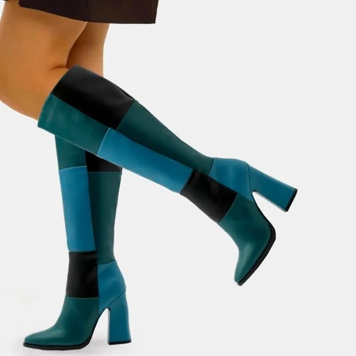 Women Vintage Chunky High Heel Knee High Western Boots Round Closed Toe Crocodile Boots Long Matte Patent Leather Side Zipper Under Knee Combat Boots Two-Toned Patchwork Fall Boot 4-11 M US