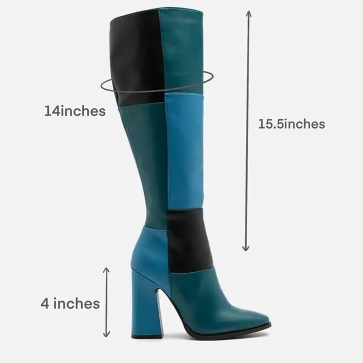 Women Vintage Chunky High Heel Knee High Western Boots Round Closed Toe Crocodile Boots Long Matte Patent Leather Side Zipper Under Knee Combat Boots Two-Toned Patchwork Fall Boot 4-11 M US