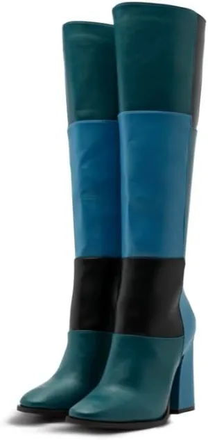 Women Vintage Chunky High Heel Knee High Western Boots Round Closed Toe Crocodile Boots Long Matte Patent Leather Side Zipper Under Knee Combat Boots Two-Toned Patchwork Fall Boot 4-11 M US