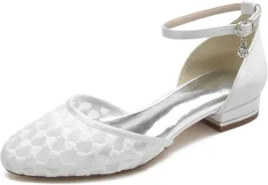 Women Wedding Flats Satin Mesh Shoes Closed Toe Bridal Ankle Buckle Shoes Low Heel Ballet Flat Sandles