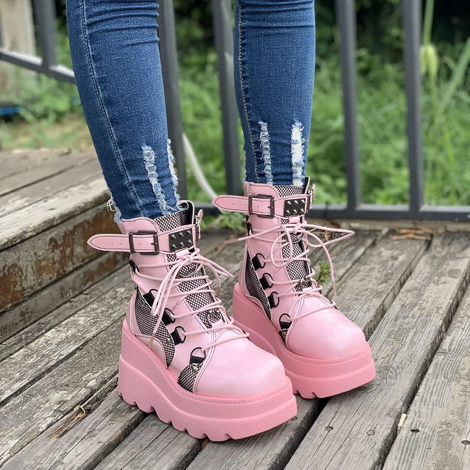 Women Wedge Ankle Boots Lace-Up Zip Round Toe High Heels Goth Combat Booties Chunky Heel Platform Motorcycle Boots