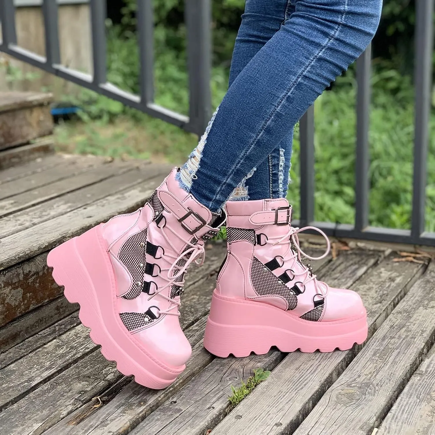 Women Wedge Ankle Boots Lace-Up Zip Round Toe High Heels Goth Combat Booties Chunky Heel Platform Motorcycle Boots