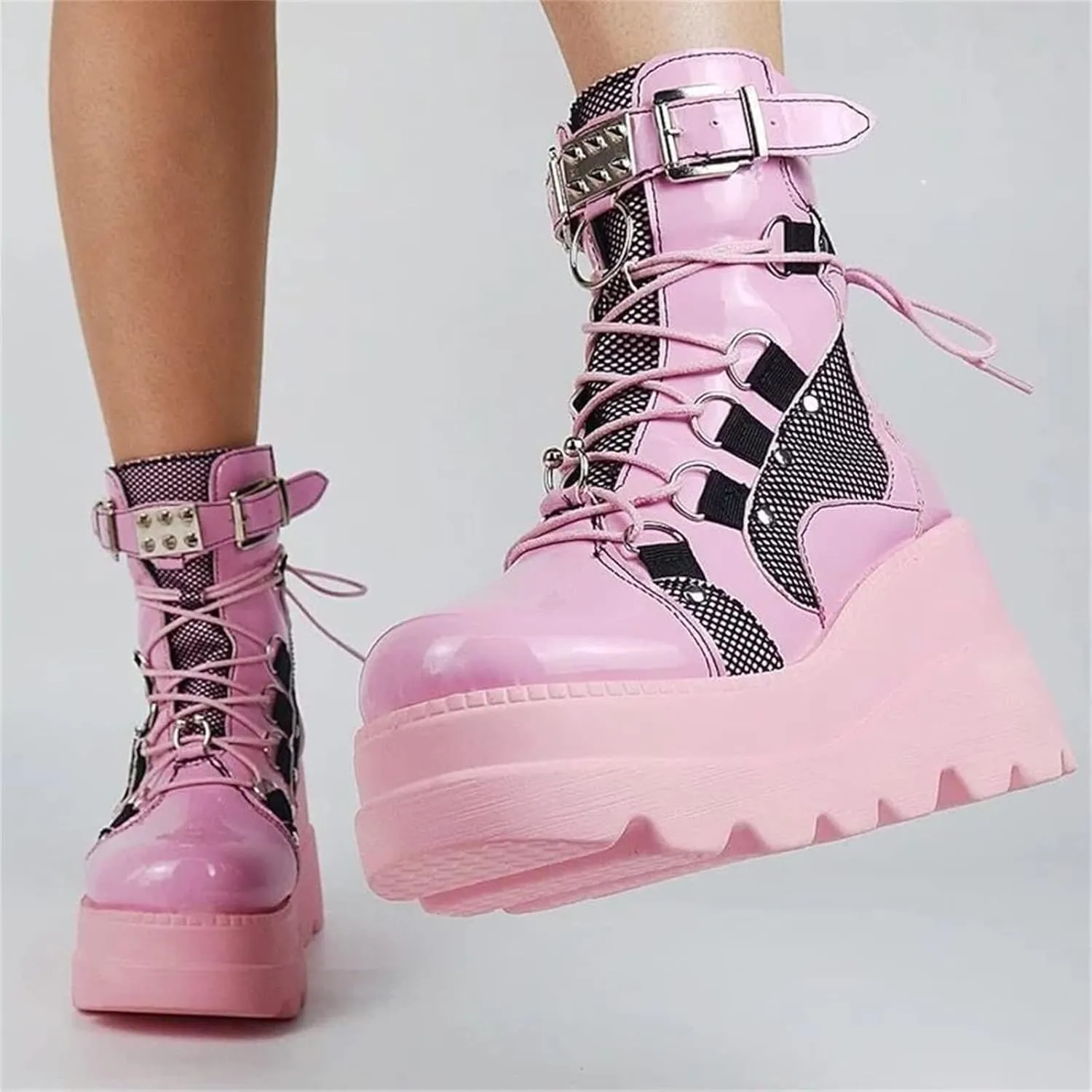 Women Wedge Ankle Boots Lace-Up Zip Round Toe High Heels Goth Combat Booties Chunky Heel Platform Motorcycle Boots
