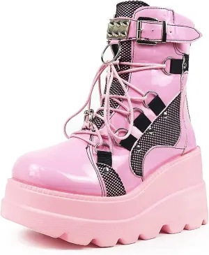 Women Wedge Ankle Boots Lace-Up Zip Round Toe High Heels Goth Combat Booties Chunky Heel Platform Motorcycle Boots