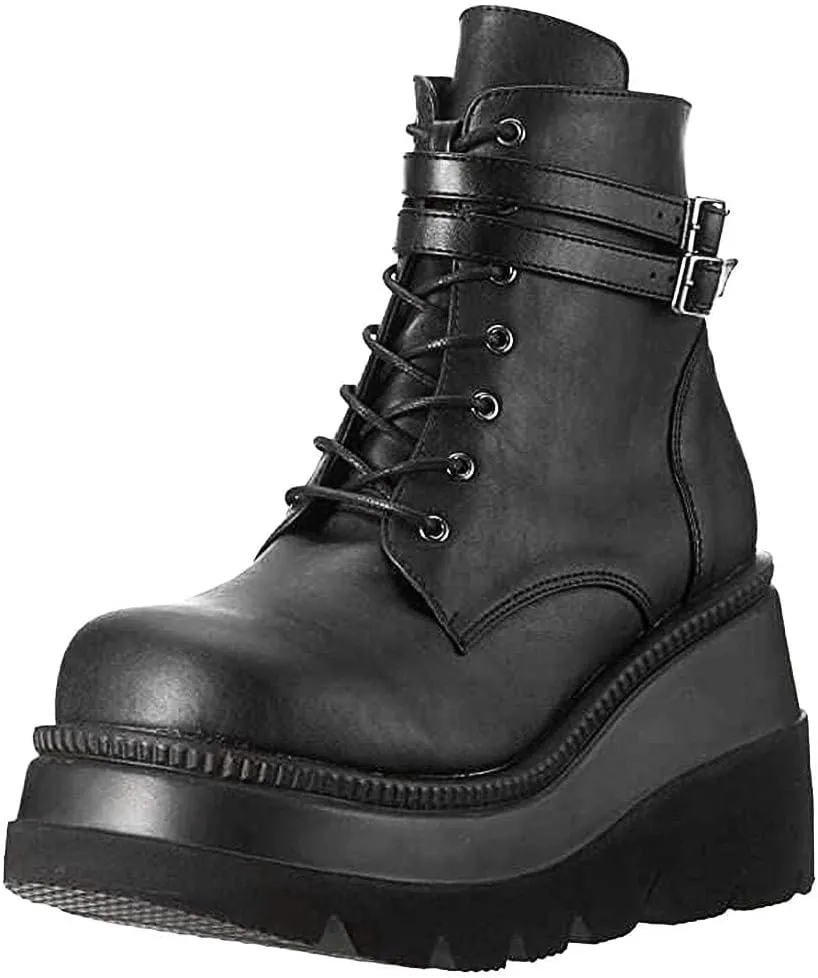 Women Wedge Ankle Boots Lace-Up Zip Round Toe High Heels Goth Combat Booties Chunky Heel Platform Motorcycle Boots