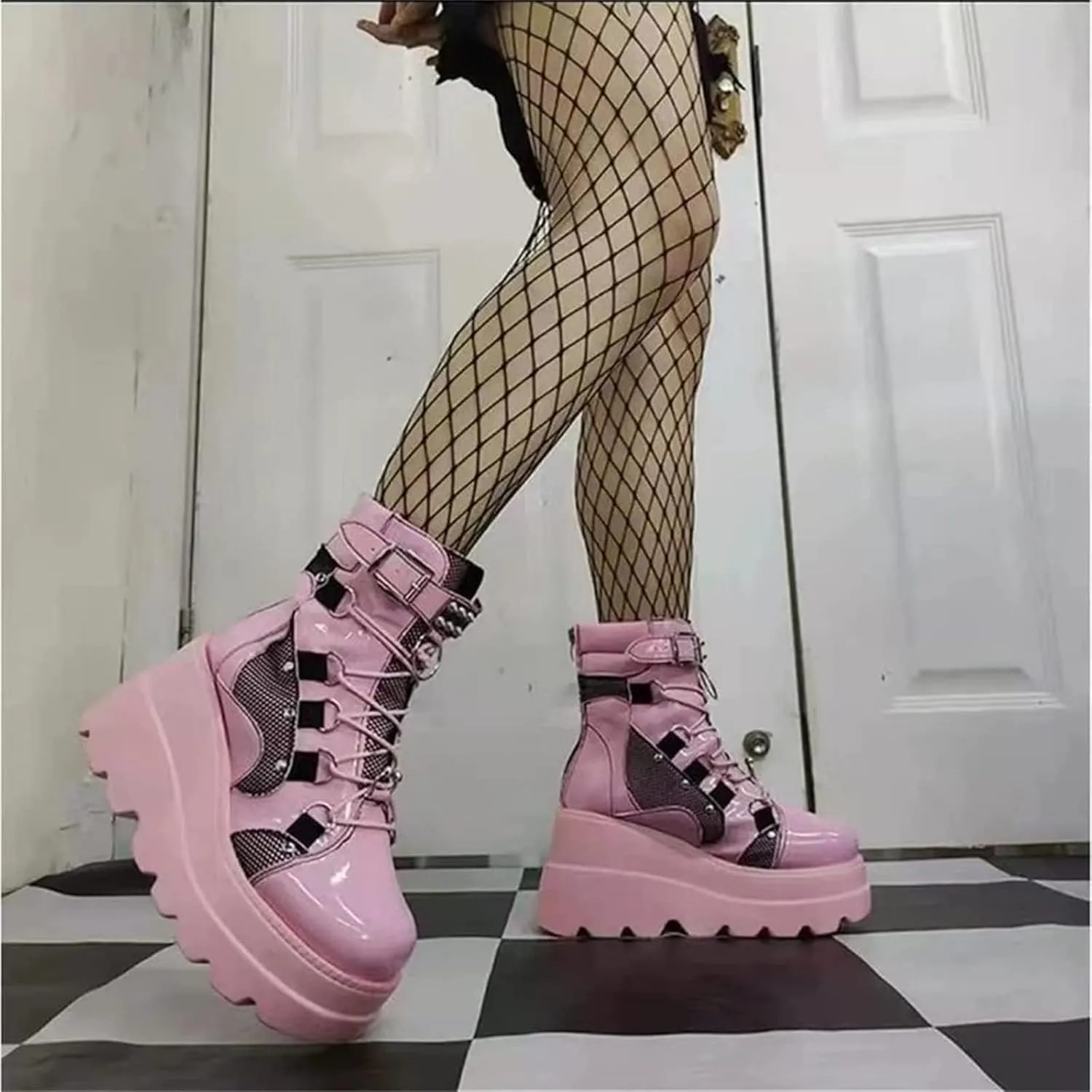 Women Wedge Ankle Boots Lace-Up Zip Round Toe High Heels Goth Combat Booties Chunky Heel Platform Motorcycle Boots