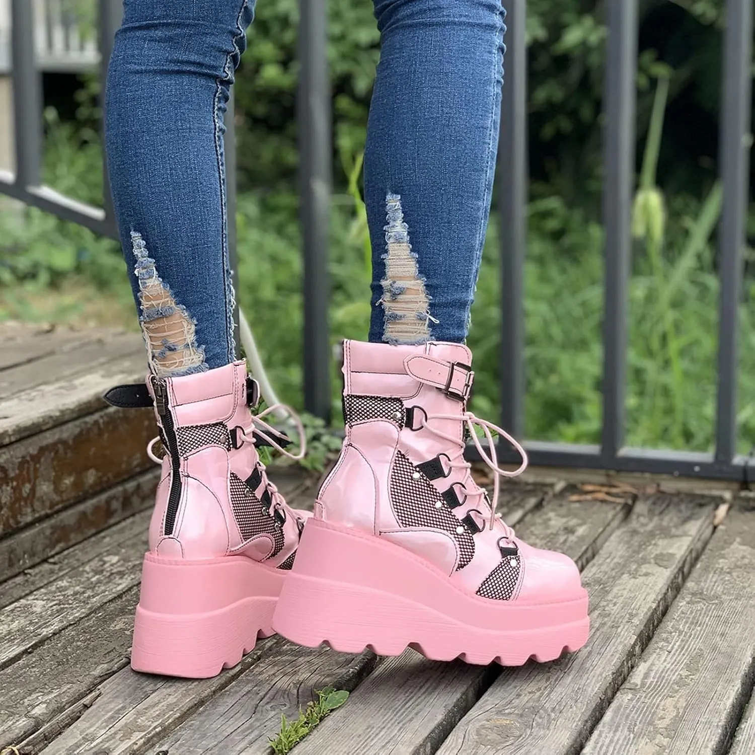 Women Wedge Ankle Boots Lace-Up Zip Round Toe High Heels Goth Combat Booties Chunky Heel Platform Motorcycle Boots