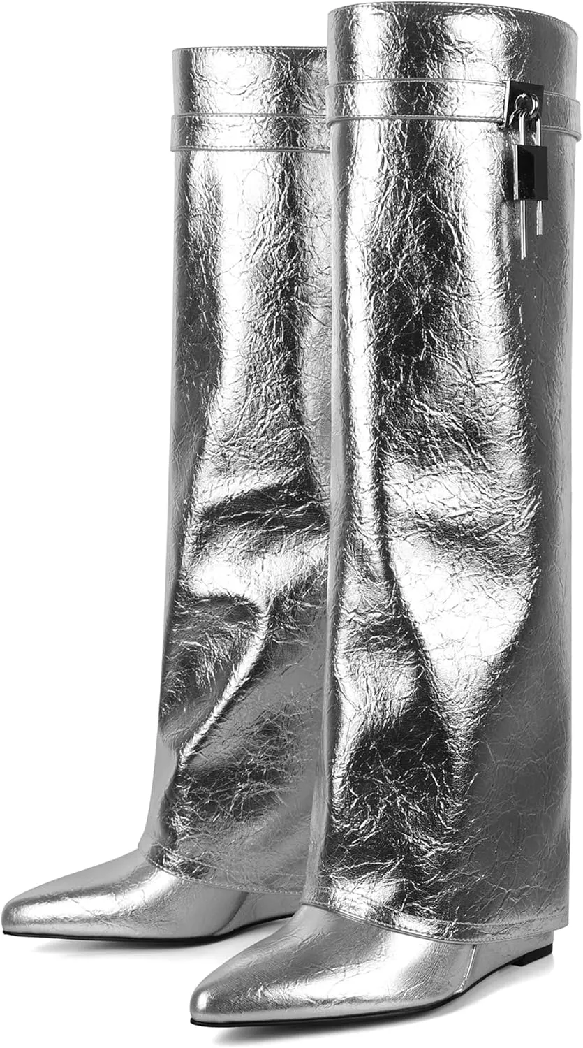 Women Wedge Heel Fold Pointy Pull-On Knee Shark Boot Wide Calf Padlock Boot