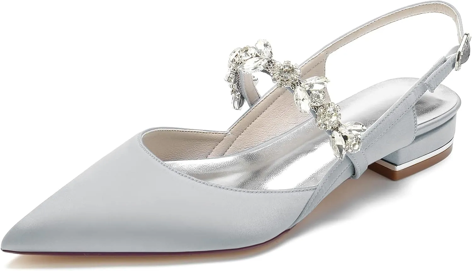 WomenPointed Toe Satin Wedding Flats for Bride Comfortable Rhinestones Bridal Shoes Evening Prom Party Dress Shoes Pumps Silver Size 8