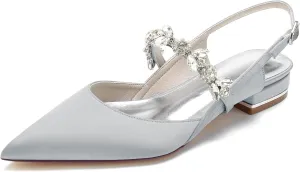 WomenPointed Toe Satin Wedding Flats for Bride Comfortable Rhinestones Bridal Shoes Evening Prom Party Dress Shoes Pumps Silver Size 8
