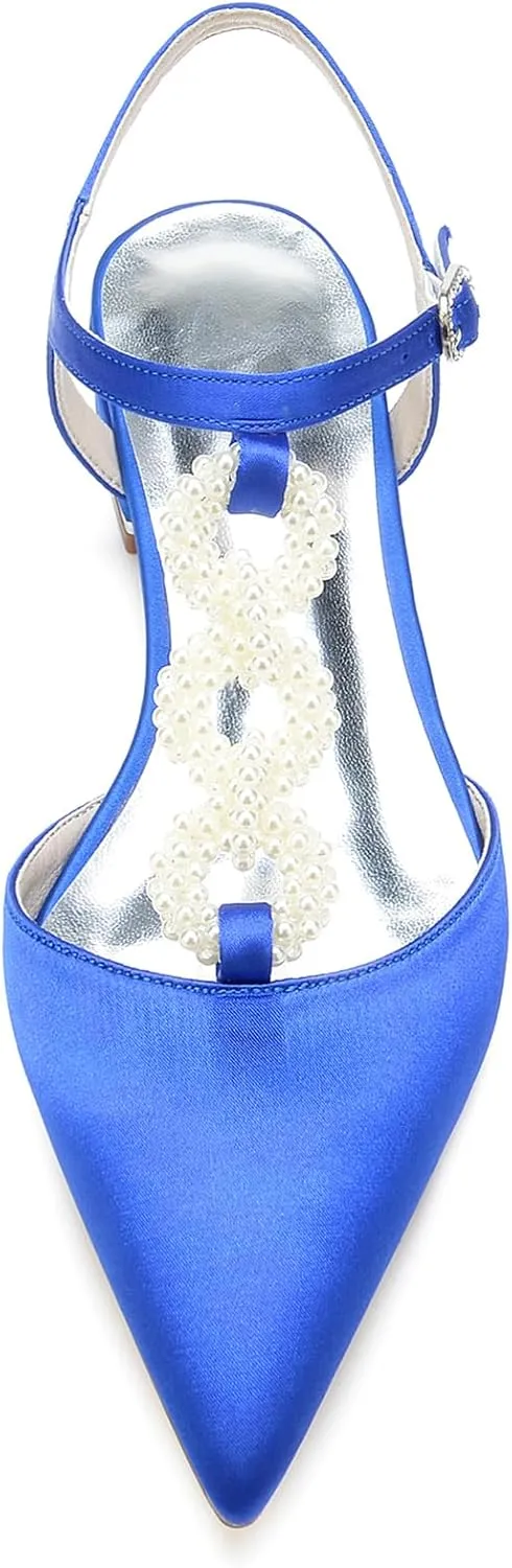 Women's Ankle Strap Wedding Shoes for Bride Satin Pointed Toe Wedding Flats Pearl T-Strap Formal Prom Party Dress Pumps