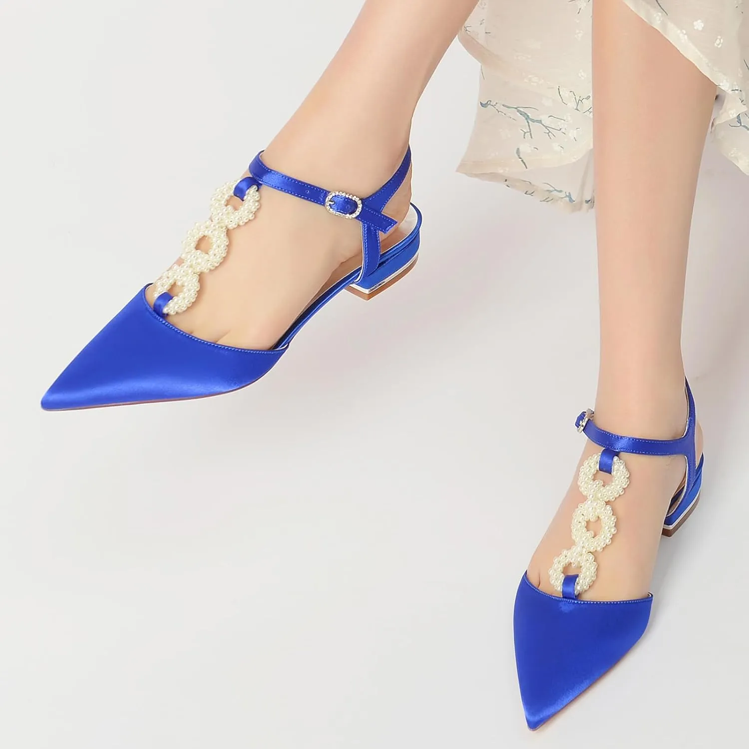 Women's Ankle Strap Wedding Shoes for Bride Satin Pointed Toe Wedding Flats Pearl T-Strap Formal Prom Party Dress Pumps