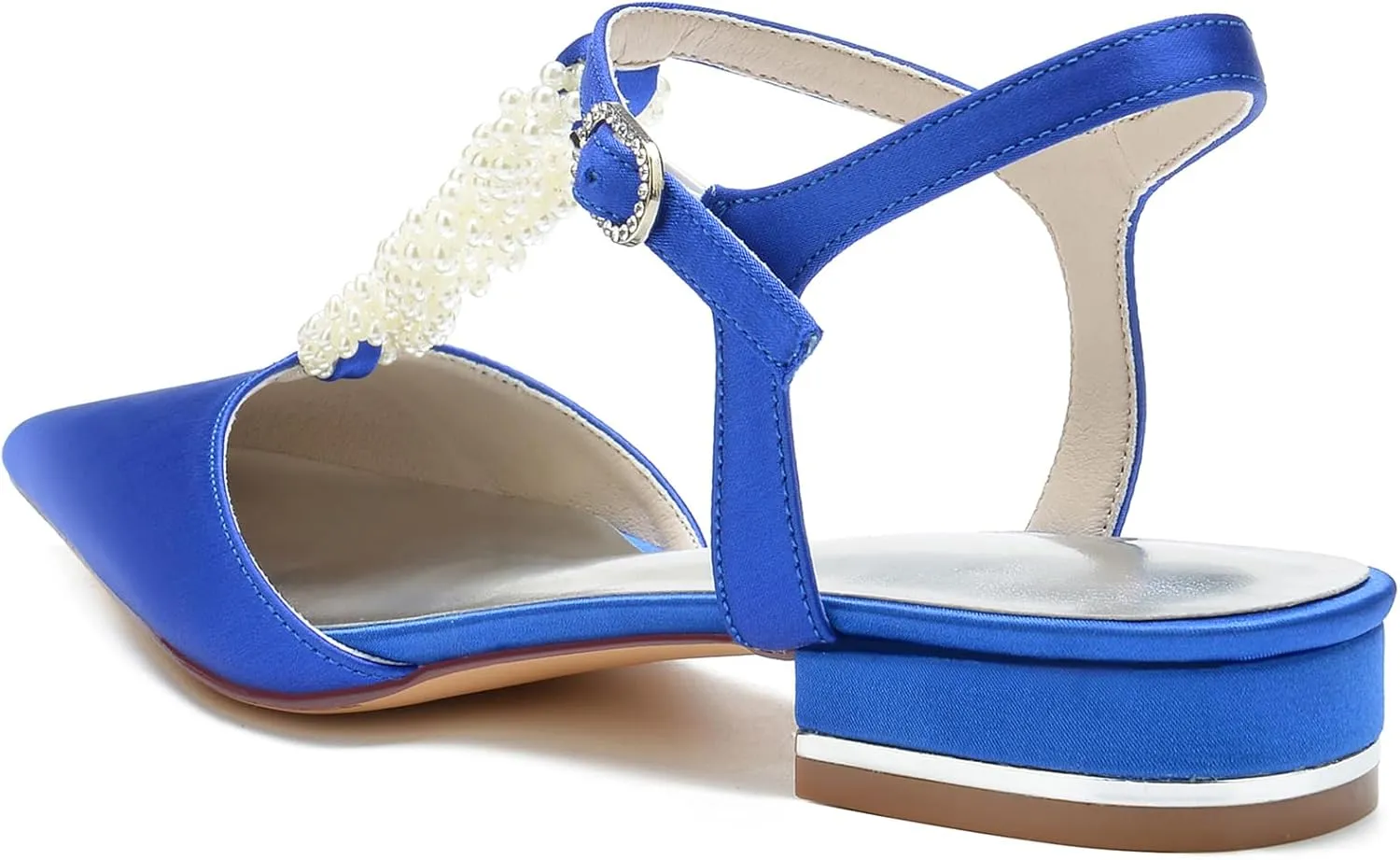 Women's Ankle Strap Wedding Shoes for Bride Satin Pointed Toe Wedding Flats Pearl T-Strap Formal Prom Party Dress Pumps