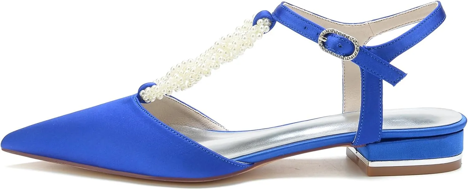 Women's Ankle Strap Wedding Shoes for Bride Satin Pointed Toe Wedding Flats Pearl T-Strap Formal Prom Party Dress Pumps