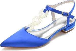 Women's Ankle Strap Wedding Shoes for Bride Satin Pointed Toe Wedding Flats Pearl T-Strap Formal Prom Party Dress Pumps