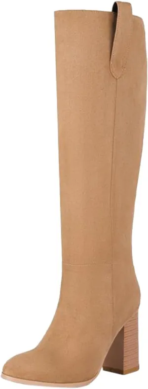 Women's Autumn and Winter Fashion Round Head High Heel Suede Boots Solid Color Non Slip Slip On Boots Over Knee Leather Boots