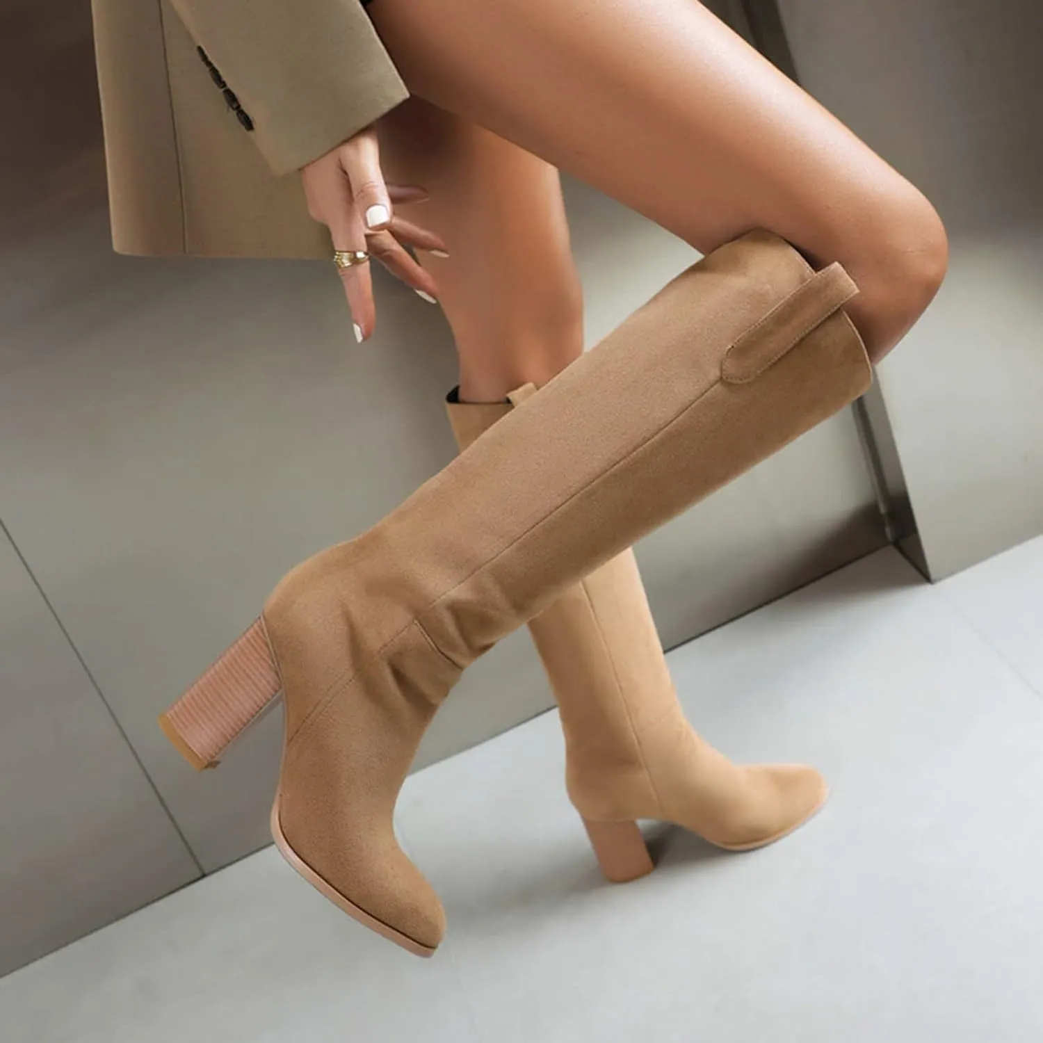 Women's Autumn and Winter Fashion Round Head High Heel Suede Boots Solid Color Non Slip Slip On Boots Over Knee Leather Boots