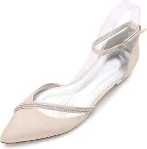 Womens Ballet Flats Pointed Toe Ankle Strap Buckle Satin Low Heel Flat Party Evening Ballerina Dance Shoes