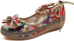 Women's Beading Round Toe Embroidered Shoes Lace Up Colorful Casual Flats Shoes