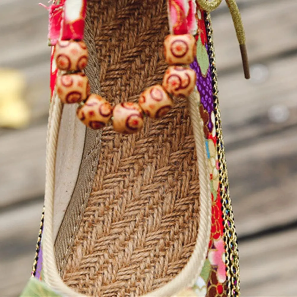 Women's Beading Round Toe Embroidered Shoes Lace Up Colorful Casual Flats Shoes