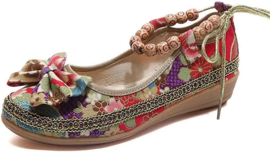 Women's Beading Round Toe Embroidered Shoes Lace Up Colorful Casual Flats Shoes