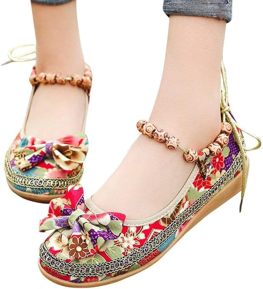 Women's Beading Round Toe Embroidered Shoes Lace Up Colorful Casual Flats Shoes