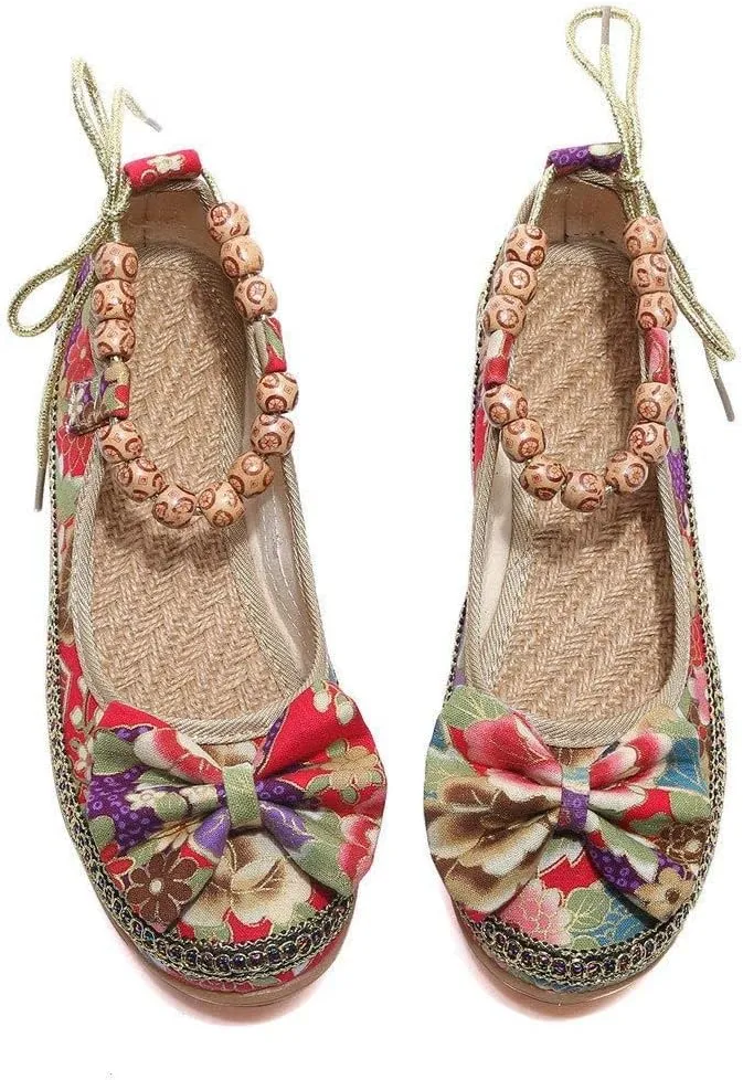 Women's Beading Round Toe Embroidered Shoes Lace Up Colorful Casual Flats Shoes