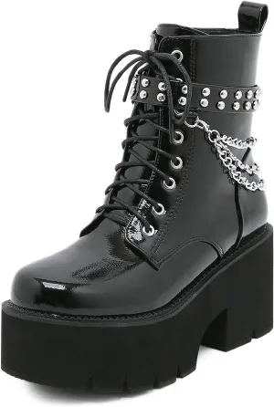 Women's Black Lace up Goth Platform Boots, Chunky Block Ankle Gothic Combat Boots, Cosplay Fashion Punk Boots Shoes