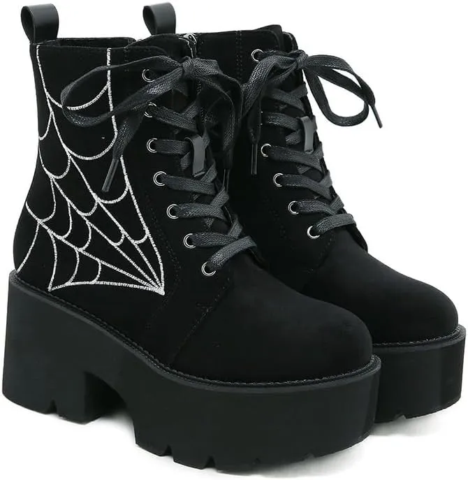 Women's Black Lace up Goth Platform Boots, Chunky Block Ankle Gothic Combat Boots, Cosplay Fashion Punk Boots Shoes