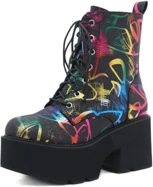 Women's Black Lace up Goth Platform Boots, Chunky Block Ankle Gothic Combat Boots, Cosplay Fashion Punk Boots Shoes