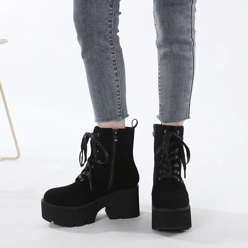 Women's Black Lace up Goth Platform Boots, Chunky Block Ankle Gothic Combat Boots, Cosplay Fashion Punk Boots Shoes