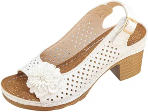 Womens Block Heel Sandals Summer Open Toe Ankle Buckle Strap Chunky Non Slip Dress Shoes Casual Solid Color Hollow Out Floral Decor Sandals Lightweight Platform Wedge Fashion Footwear