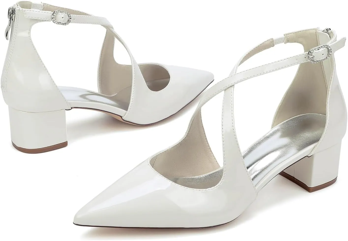 Women's Bridal Low Block Heeled Dress Pumps Pointed Toe Cross Strap Wedding Bridal Party Chunky Shoes 4.5 Cm